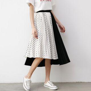 Dotted Panel Asymmetric Pleated Skirt Black & White - One Size