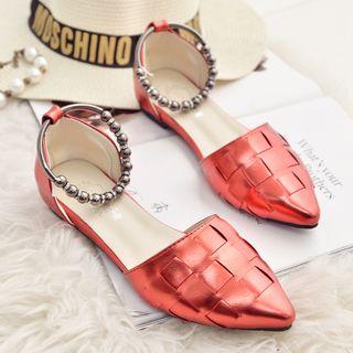 Faux-leather Ankle-strap Pointy-toe Flats