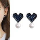925 Sterling Silver Faux Pearl Rhinestone Heart Earring White Faux Pearl - Heart - Blue - One Size