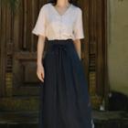 Set: Plain V-neck Short Sleeve Blouse + High Waist A-line Maxi Skirt