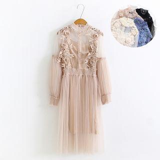 Set: Plain Camisole Top + Lace Panel Long-sleeve Mesh Dress