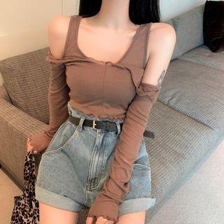 Long-sleeve Cold Shoulder T-shirt Coffee - One Size