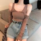Long-sleeve Cold Shoulder T-shirt Coffee - One Size