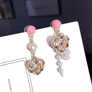 925 Sterling Silver Non-matching Faux Pearl Heart Dangle Earring 1 Pair - Silver Stud - Gold - One Size