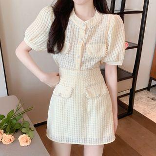Puff-sleeve Plain Tweed Top / High-waist Plain Skirt