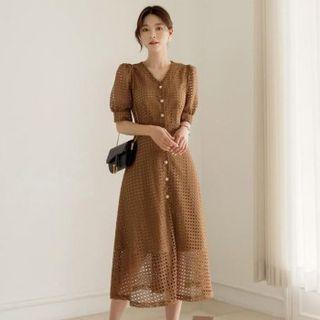 Puff-sleeve Mesh Overlay Dress