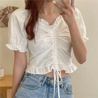 Ruffle V-neck Short-sleeve Shirt