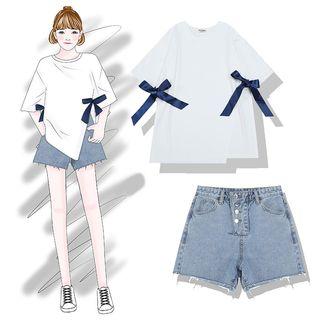 Short-sleeve Bow T-shirt / Fray Hem Denim Shorts