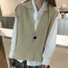 Plain Blouse / Collared Knit Vest / Plaid Mini Pleated Skirt