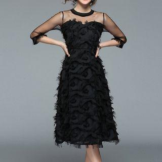Mesh Panel Fringed 3/4 Sleeve Dress