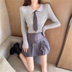 Collared Knit Top / Plaid Pleated Skirt