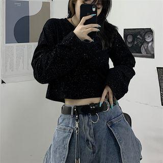 Long-sleeve Glitter Crop Top Black - One Size
