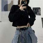 Long-sleeve Glitter Crop Top Black - One Size