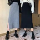High-waist Slit Midi A-line Knit Skirt