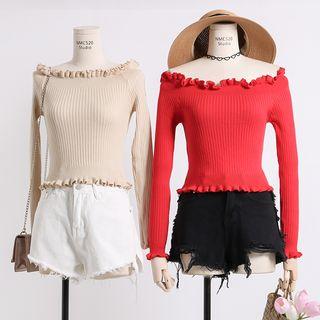 Boatneck Ruffled-trim Knit Top