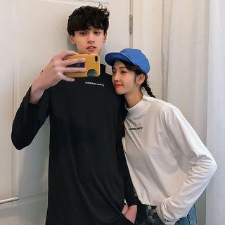 Couple Matching Mock Turtleneck Long-sleeve Lettering T-shirt
