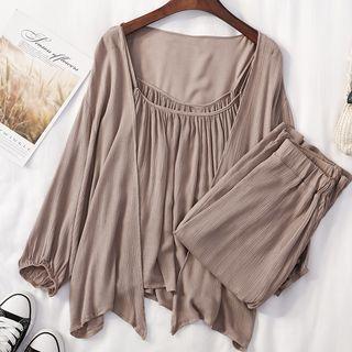 Set: Plain Light Cardigan + Camisole + Pants