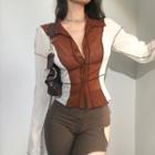Long-sleeve Button-up Two-tone Fitted Top
