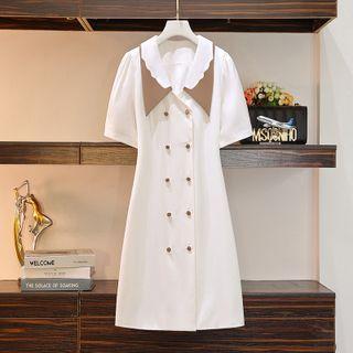 Elbow-sleeve Collared Double-breasted A-line Dress
