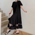 Elbow-sleeve Mesh Panel Midi A-line Dress Black - One Size
