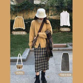 Set Of 3: Mock-neck Top + Round-neck Cardigan + Plaid Skirt