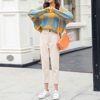 Set: Mock-neck Plaid Sweater + Cropped Pants