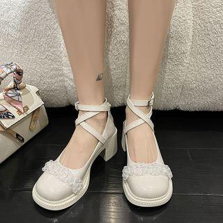 Lace Trim Ankle Strap Block Heel Mary Jane Shoes