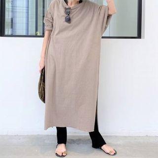 Short-sleeve Slit Midi A-line Dress Khaki - One Size