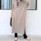 Short-sleeve Slit Midi A-line Dress Khaki - One Size