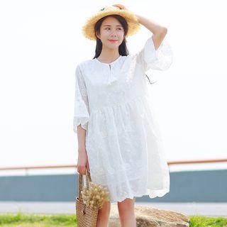 Embroidered Elbow-sleeve A-line Dress With Tassel
