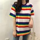 Elbow-sleeve Rainbow Print T-shirt As Shown In Figure - One Size