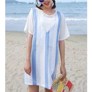Set: Short Sleeve Chiffon Tunic + Striped Pinafore Dress