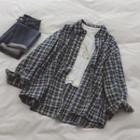 Plaid Loose-fit Long-sleeve Shirt Blue - One Size