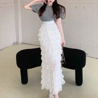Short-sleeve Mock-neck Knit Top / Layered Midi Skirt