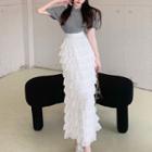 Short-sleeve Mock-neck Knit Top / Layered Midi Skirt