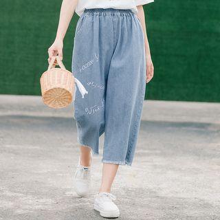 Ripped Embroidered Wide-leg Jeans