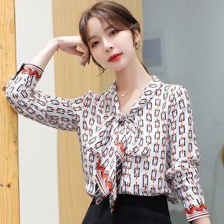 Long-sleeve Tie-neck Geometric Print Chiffon Blouse