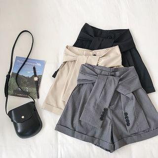 Plain High-waist Lace-up Roll-up Shorts