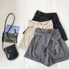 Plain High-waist Lace-up Roll-up Shorts