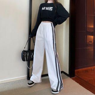 Lettering Cropped Sweatshirt / Slit Wide-leg Pants