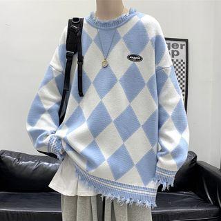 Frayed Trim Argyle Sweater