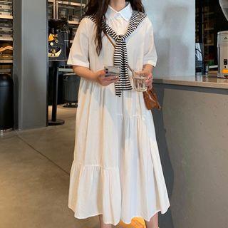 Short-sleeve Midi Shirtdress With Striped Shawl White - One Size