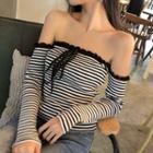 Off Shoulder Striped Rib Knit Top Stripes - Black & White - One Size