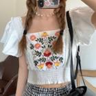 Lace Trim Floral Embroidered Cropped Top