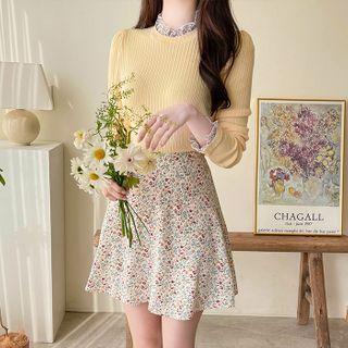 Floral Chiffon-trim Ribbed T-shirt