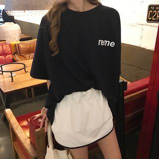 Elbow-sleeve Lettering T-shirt / Piped Inset Shorts Miniskirt