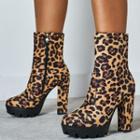 Leopard Print Faux Suede Block Heel Short Boots