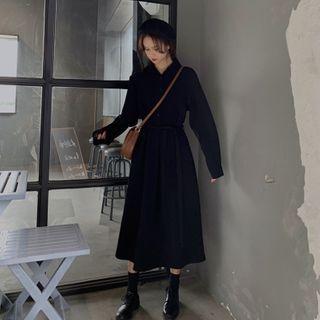 Collared Chiffon Shirt Dress Black - One Size