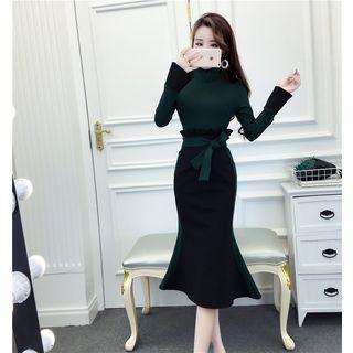 Mock Turtleneck Long-sleeve Color Block Midi Mermaid Dress