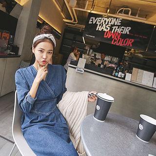 V-neck Denim Long Sheath Dress